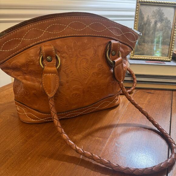 Patricia Nash Zamora Tooled Leather Tote Brown Braided Handles faux suede lined - Picture 1 of 9